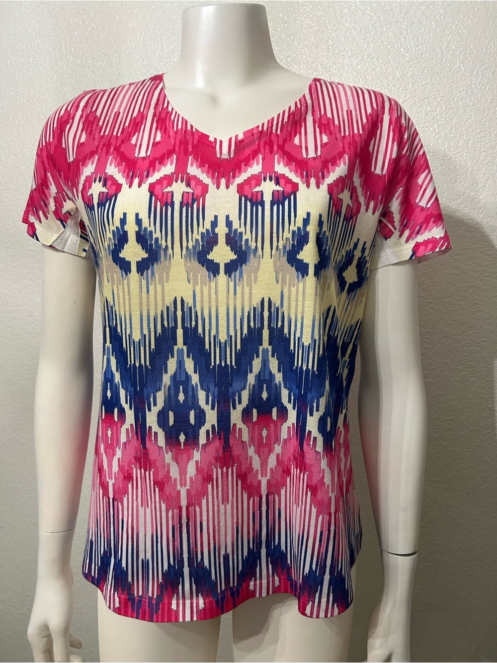 Chico's Fuchsia and White V-Neck Striped Top Size 1: Medium (8)